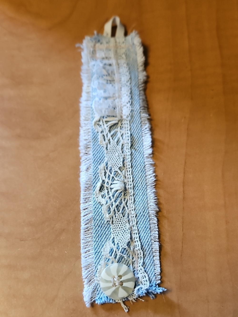 Hand Crafted Blue and Cream Lace Denim Bracelet With Frosted Button Sz 8 Inch